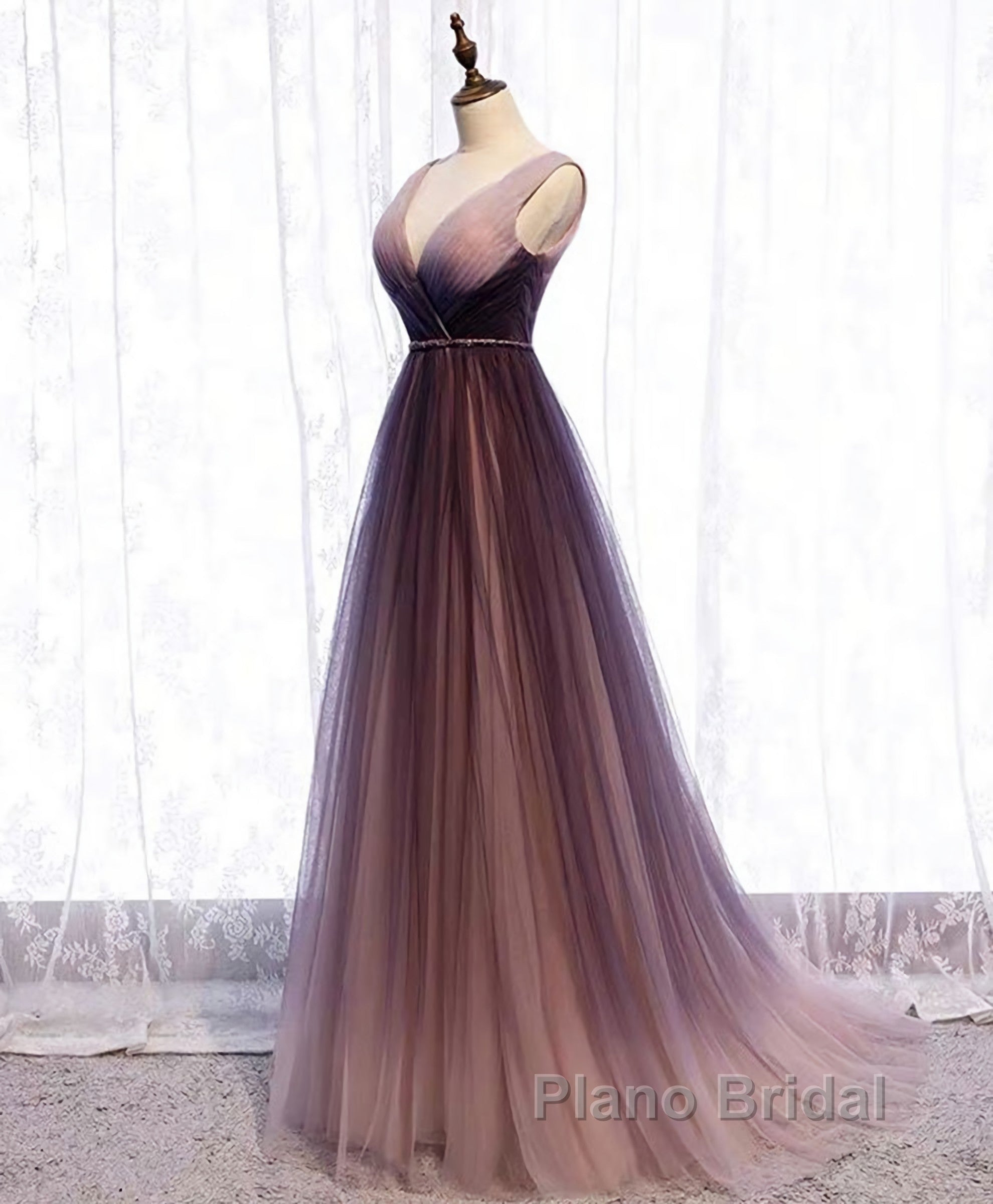 Simple V Neck Tulle Long Formal Prom Dress, Tulle Evening Dress