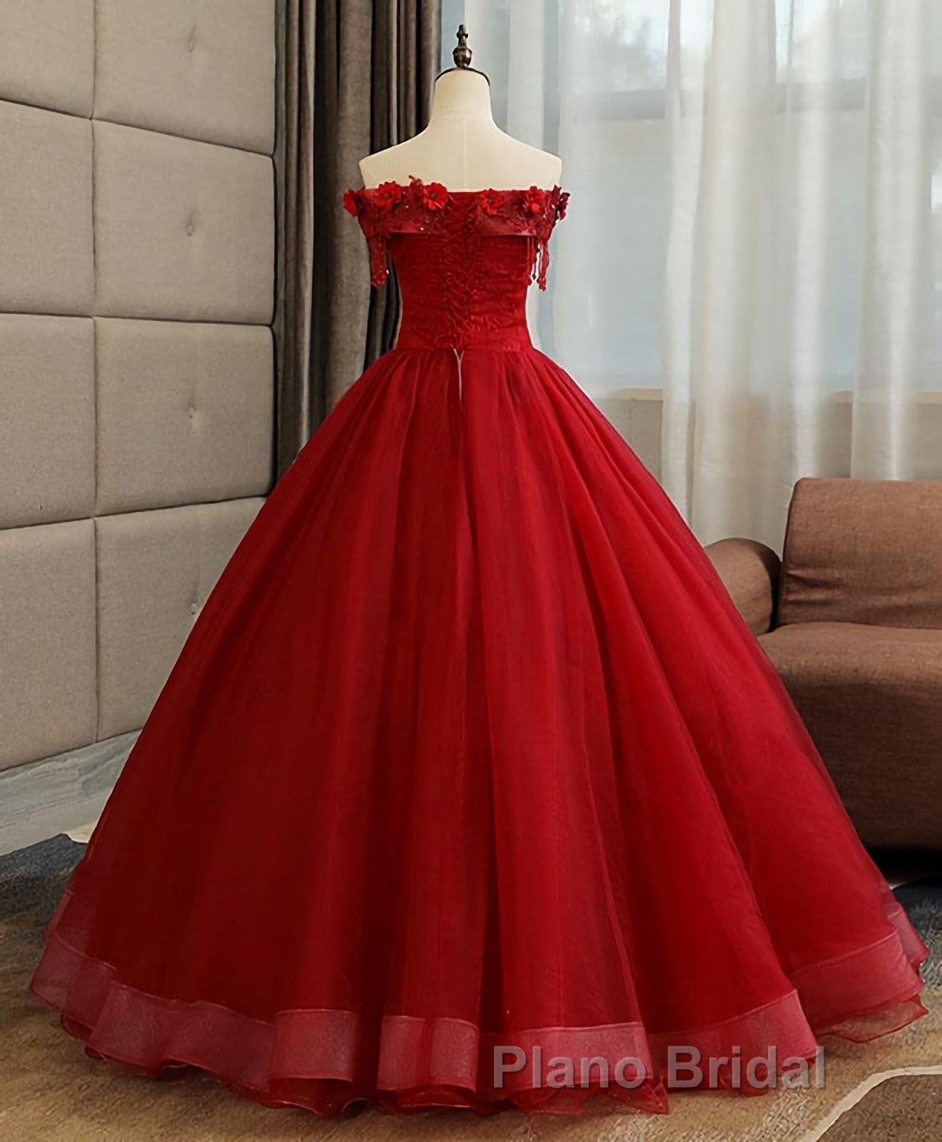 Burgundy Tulle Lace Long Formal Prom Gown Burgundy Tulle Lace Prom Dresses Secondary image