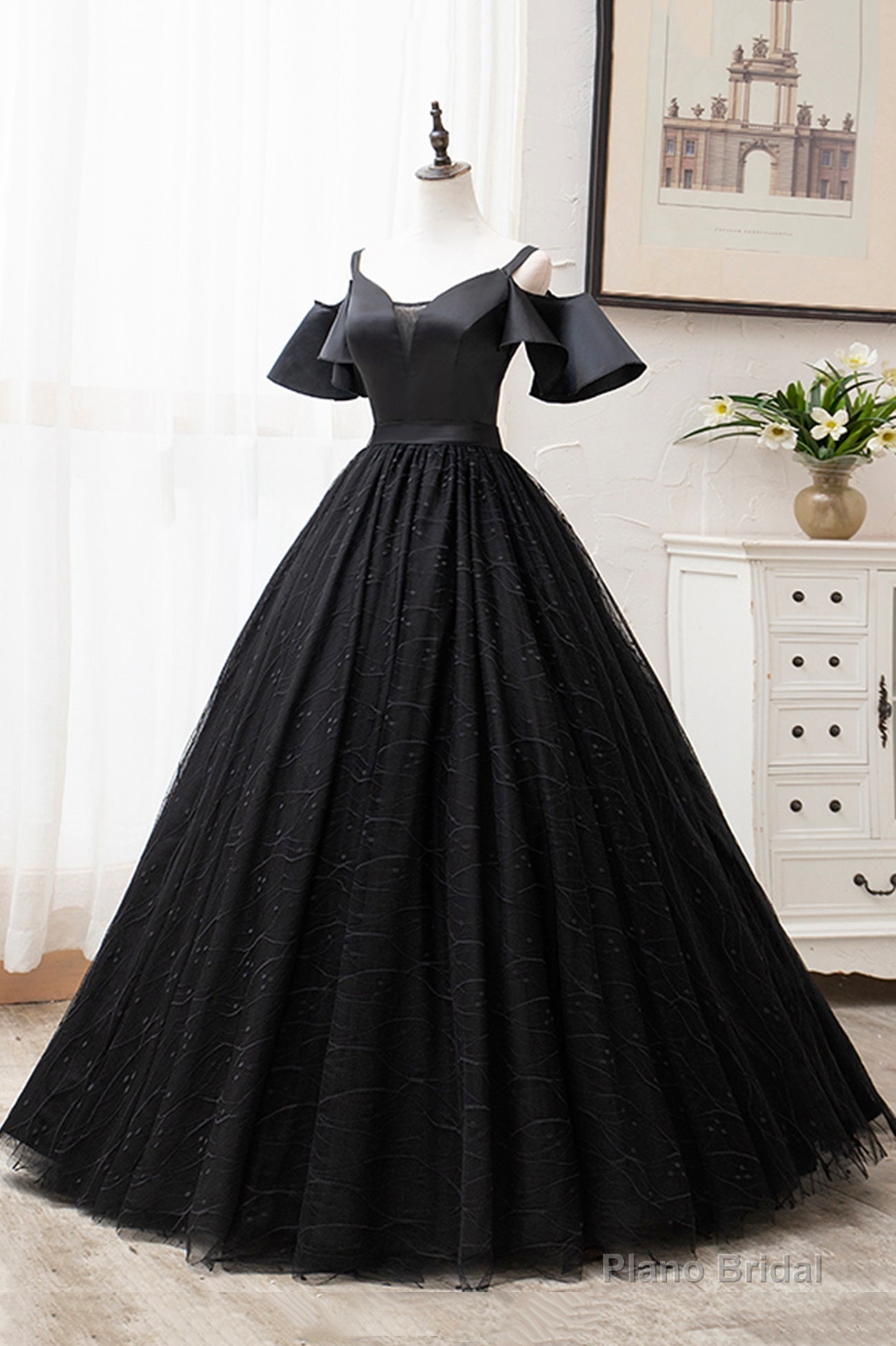 Black V-Neck Tulle Long Prom Dresses, A-Line Black Evening Dresses Secondary image