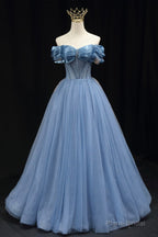 Blue Tulle Beaded Long Prom Dress, Elegant A-Line Blue Evening Dress