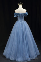 Blue Tulle Beaded Long Prom Dress, Elegant A-Line Blue Evening Dress