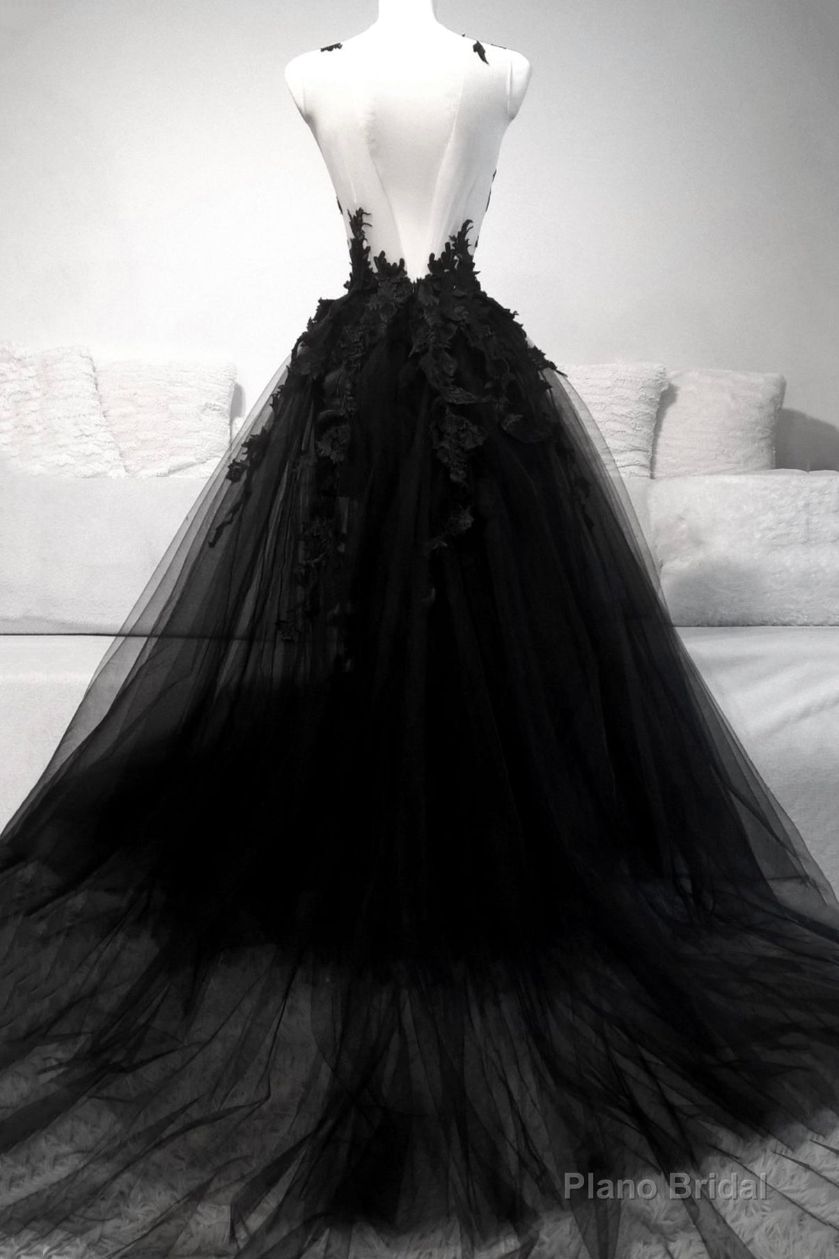 Black V-Neck Tulle Lace Long Prom Dresses, Black A-Line Evening Dresses Secondary image