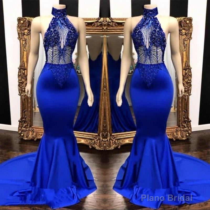 2025 High Neck Beaded Mermaid Royal Blue Prom Dresses