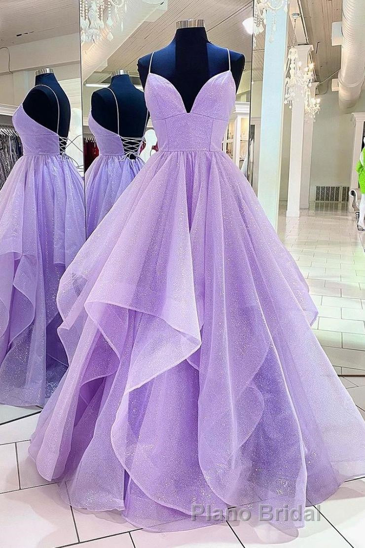 Purple V Neck Sleeveless A Line Tulle Sequin Formal Prom Dresses Secondary image