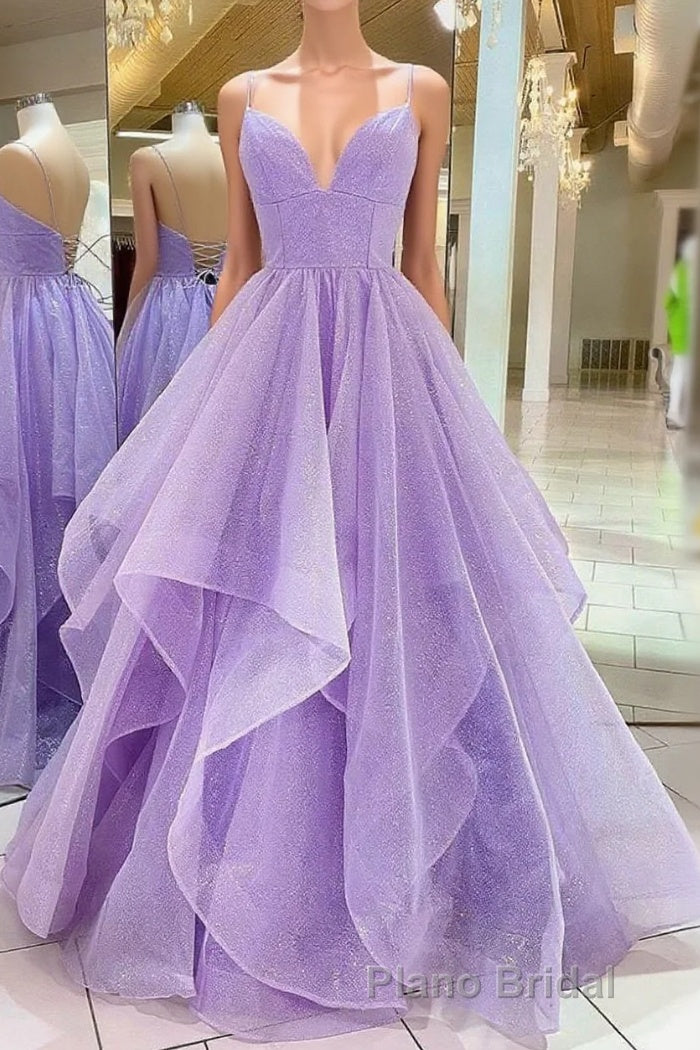 Purple V Neck Sleeveless A Line Tulle Sequin Formal Prom Dresses Main image