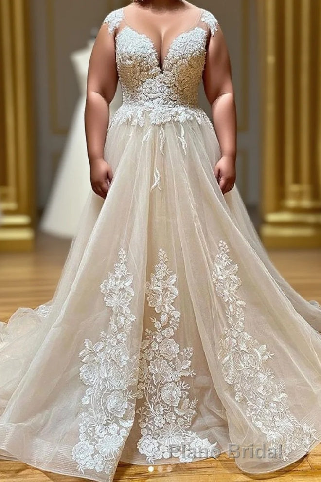 Champagne Sleeveless Round Neck Tulle Lace Long Formal Prom Dresses Main image