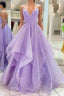 Purple V Neck Sleeveless A Line Tulle Sequin Formal Prom Dresses