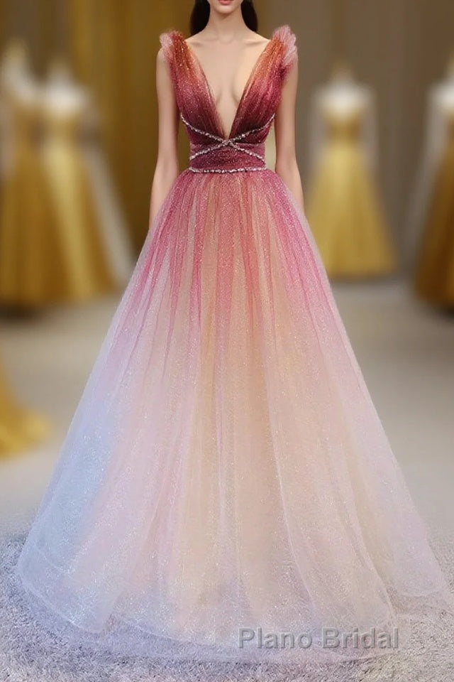 A-Line Burgundy V Neck Tulle Sequin Long Formal Prom Dresses Burgundy Evening Dresses Main image