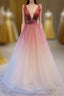 A-Line Burgundy V Neck Tulle Sequin Long Formal Prom Dresses Burgundy Evening Dresses