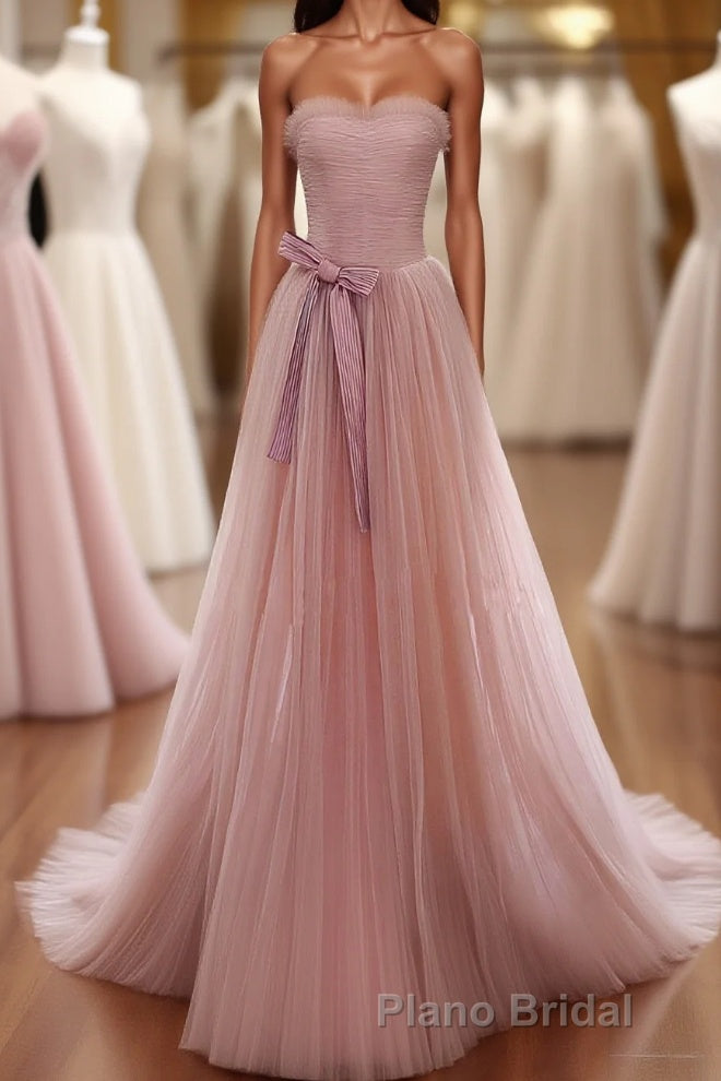 Simple Pink Tulle Long Formal Prom Dresses, Pink Tulle Prom Dresses, 1 Main image