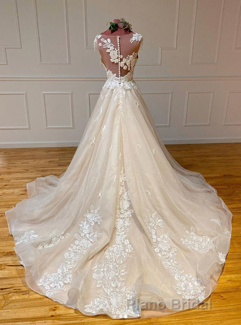 Champagne Sleeveless Round Neck Tulle Lace Long Formal Prom Dresses