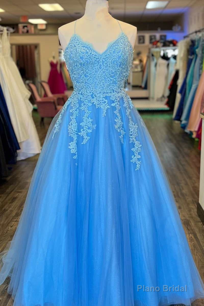 Blue Tulle Appliques Lace-Up Back A-Line Prom Dress Main image