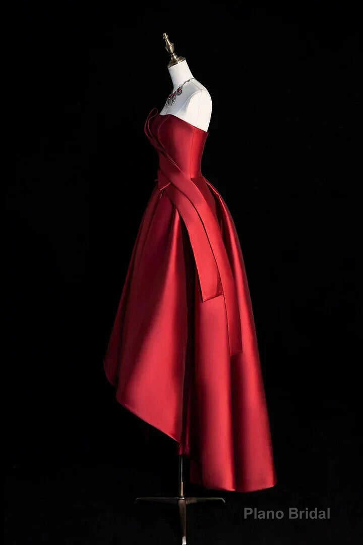 Burgundy Strapless Satin Party Dress, A-Line High Low Evening Dress Secondary image