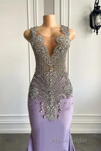 Lilac Mermaid Formal Prom Dress with Scoop Neckline Sleeveless and Crystal Beadings