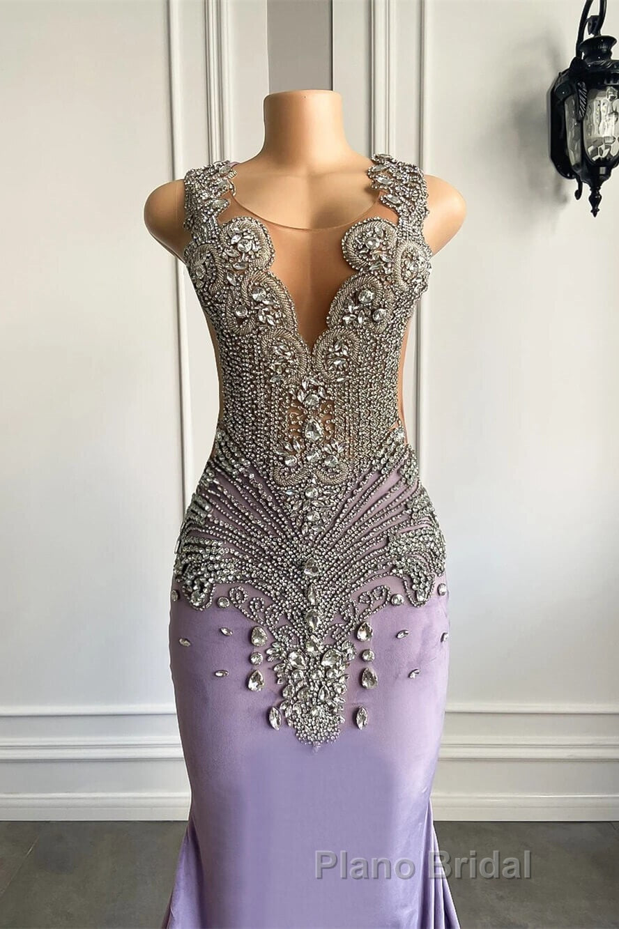 Lilac Mermaid Formal Prom Dress with Scoop Neckline Sleeveless and Crystal Beadings