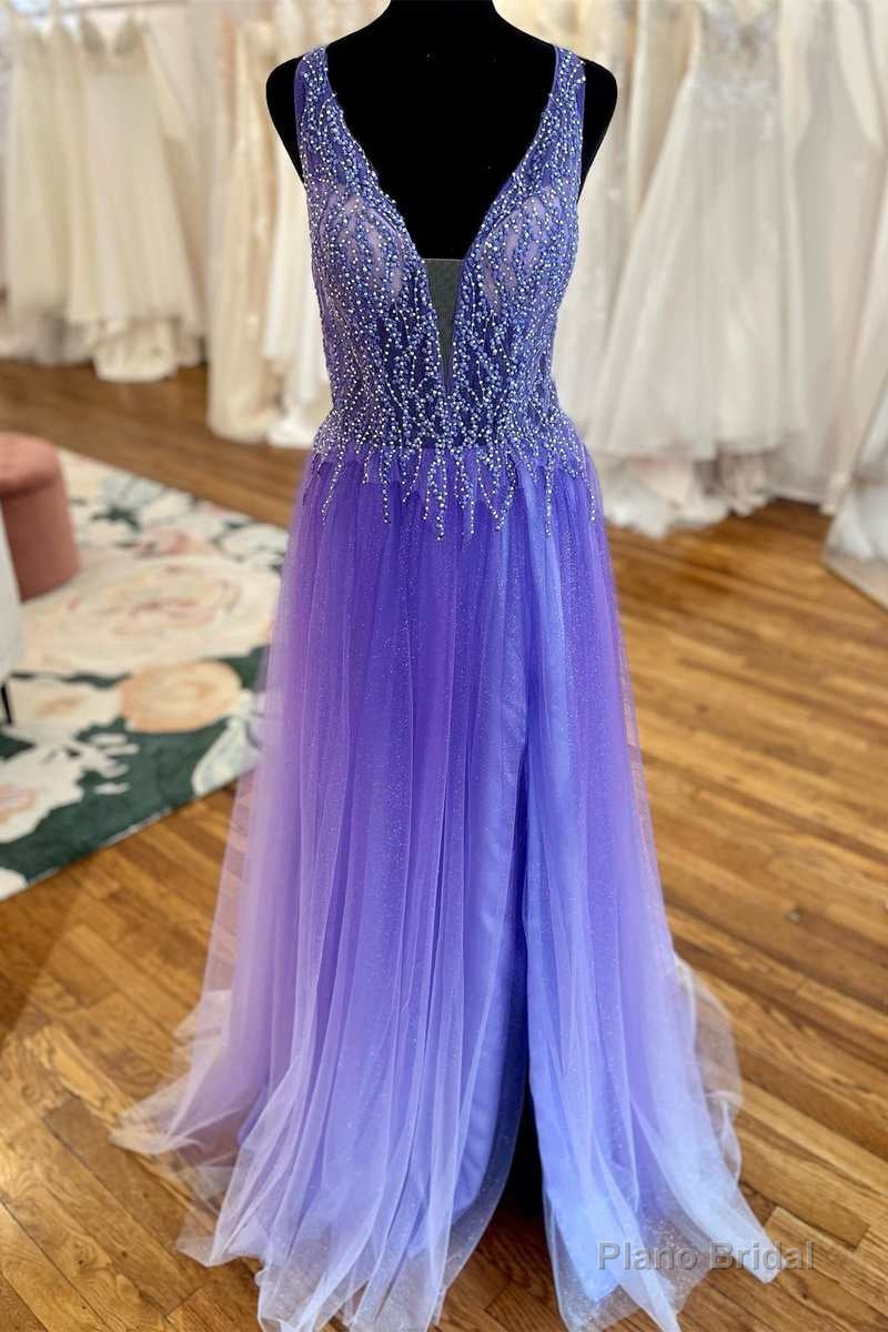 Purple Beaded Plunge Neck Long Prom Dress with Slit Main image