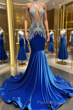 Royal Blue Halter Sleeveless Mermaid Formal Prom Dresses With Beadings Velvet