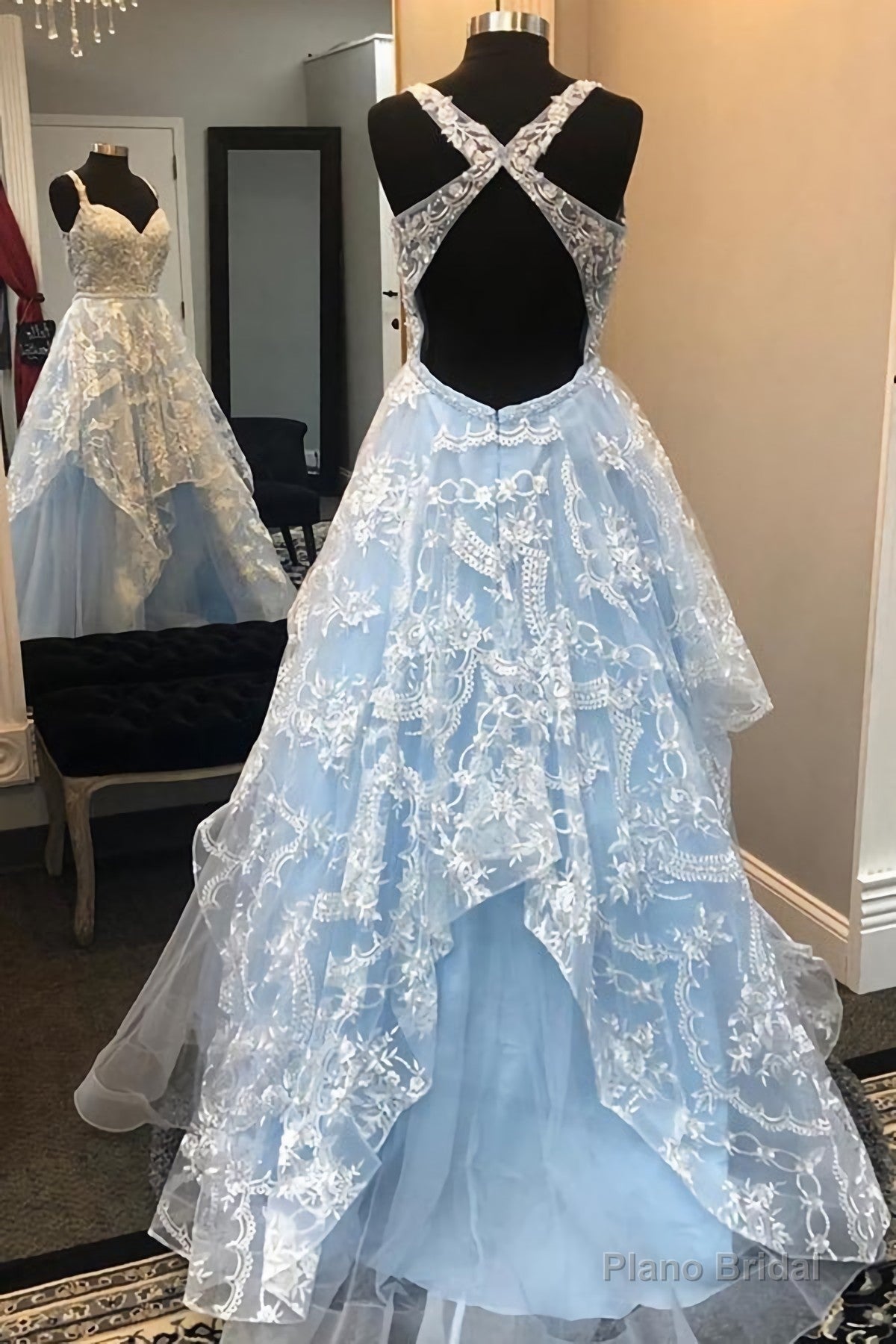 Elegant A Line Blue Open Back Appliques Prom Dress, Long Evening Party Dress, 9928 Secondary image