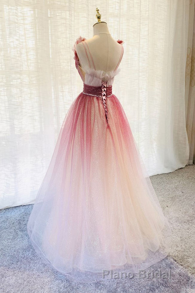 A-Line Burgundy V Neck Tulle Sequin Long Formal Prom Dresses Burgundy Evening Dresses Secondary image