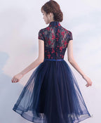 Blue Tulle Lace High Low Prom Dress, Blue Homecoming Dress