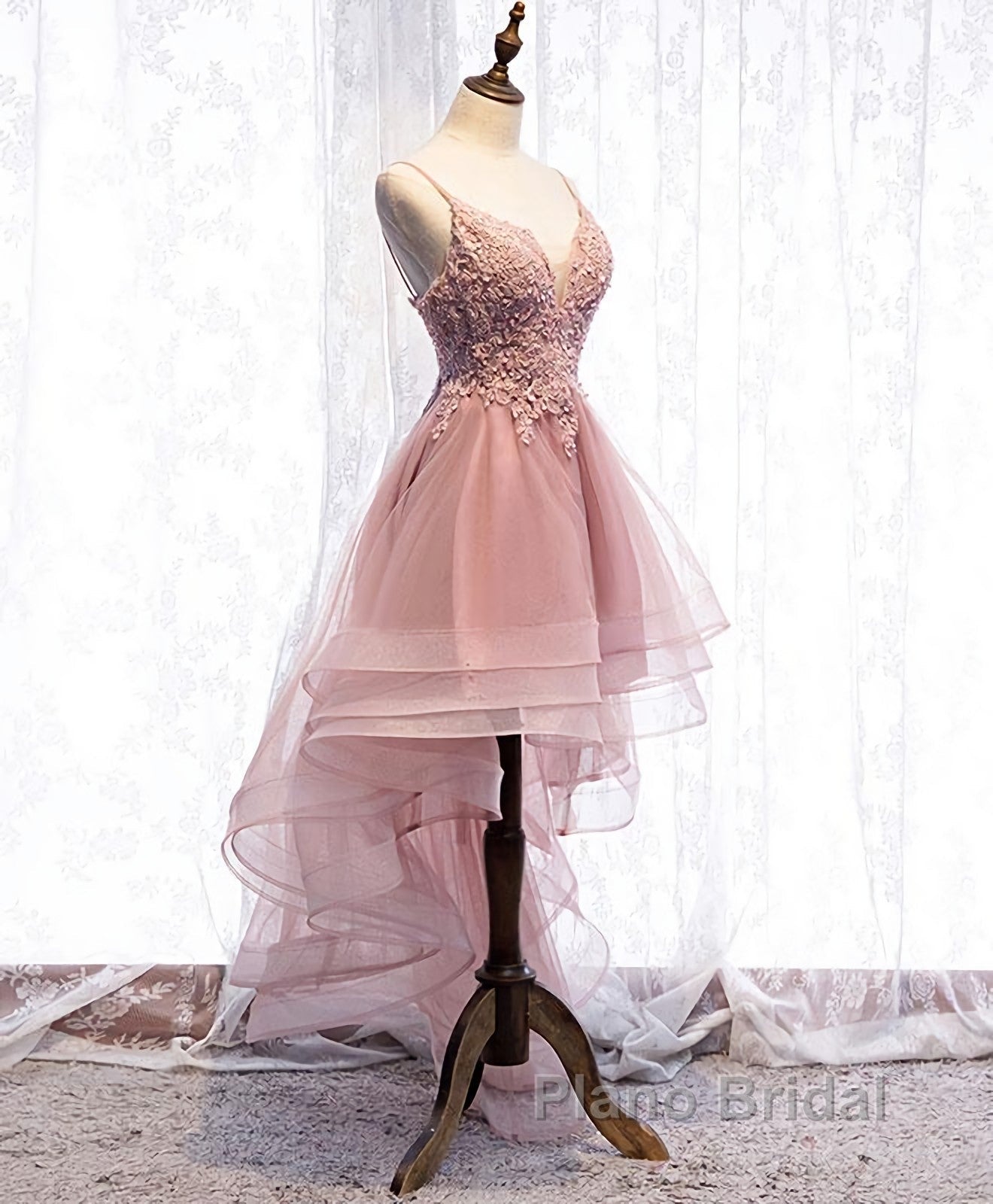 Pink Tulle Lace High Low Formal Prom Dress, Pink Homecoming Dress, 1