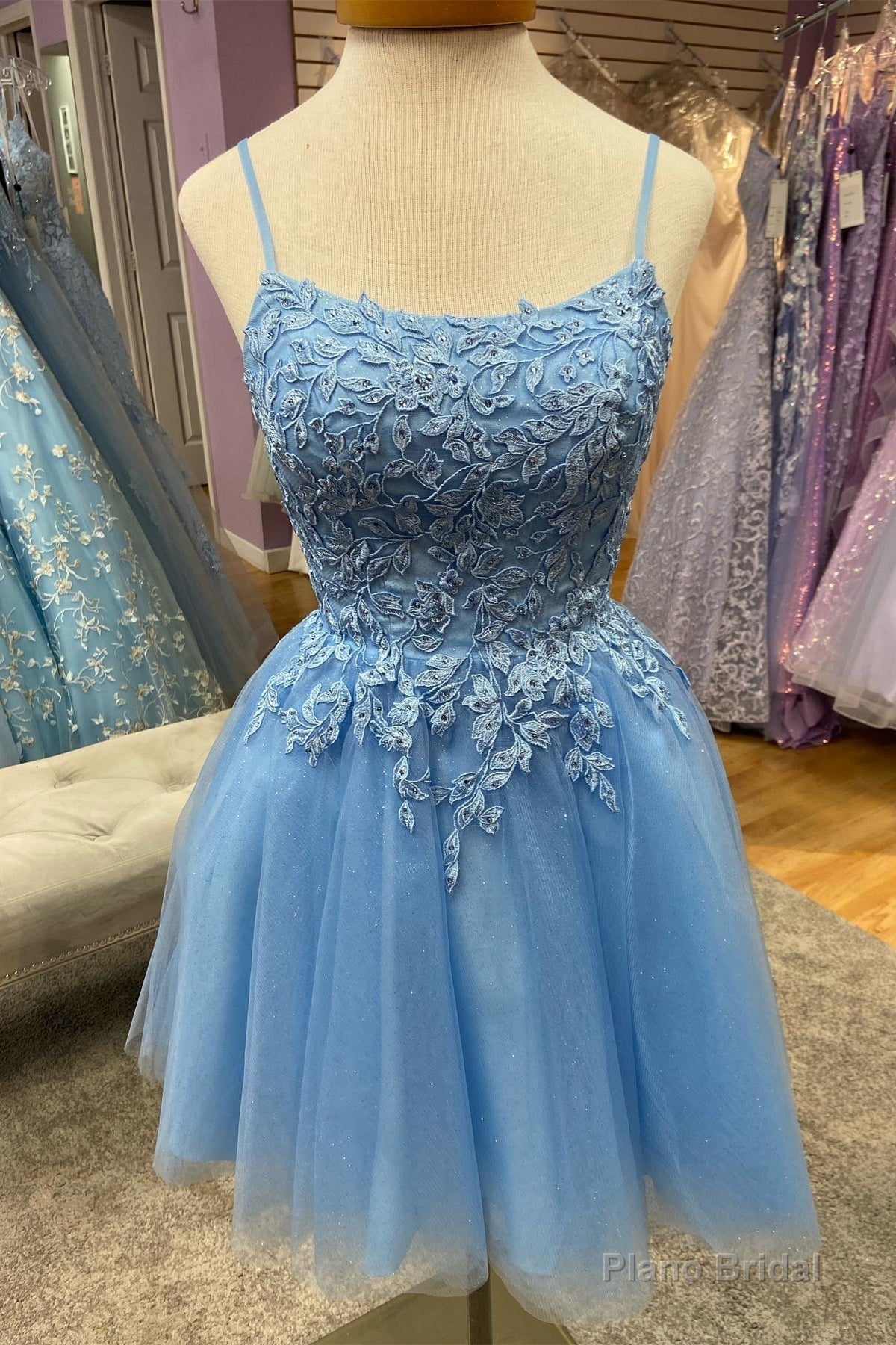 Light Blue Appliques Straps Tulle Homecoming Dress Main image