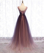 Simple V Neck Tulle Long Formal Prom Dress, Tulle Evening Dress