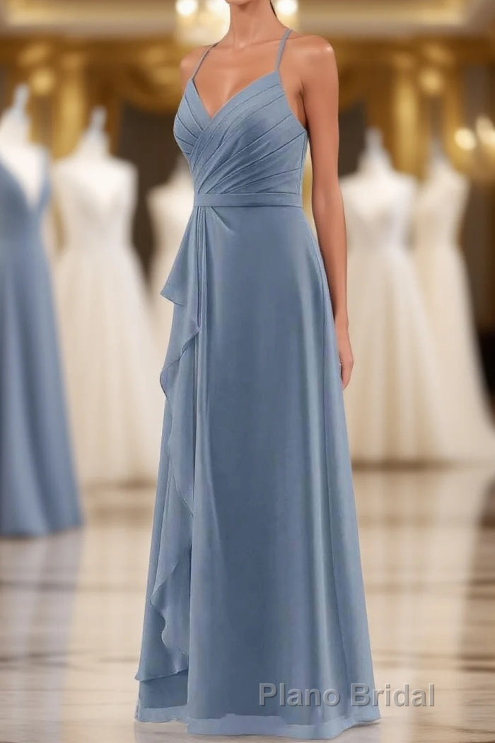 Dusty Blue Chiffon Halter Backless Ruffled Long Bridesmaid Dresses Main image