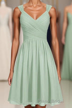 Sage Green Chiffon Lace-Up Short Bridesmaid Dresses