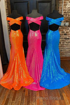 Off the Shoulder Orange Mermaid Long Formal Prom Dresses