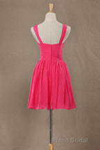 Neon Pink Halter Knee Length Bridesmaid Dresses