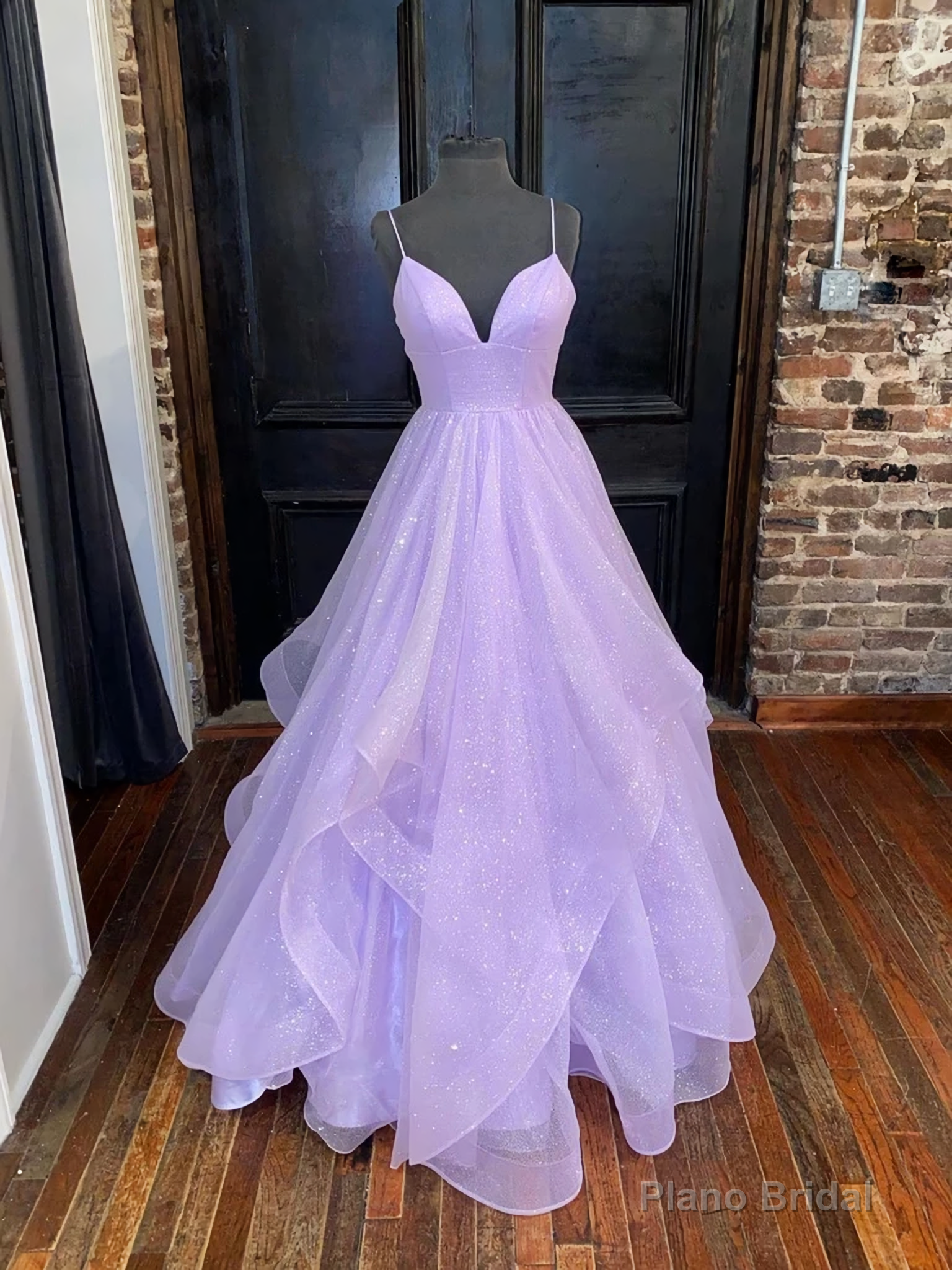 A Line V Neck Shiny Purple Long Prom Dresses, Shiny V Neck Purple Formal Evening Dresses Main image