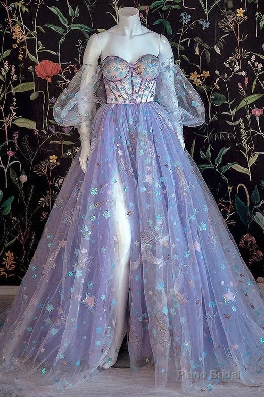 Light Purple A-line Tulle Floral Off Shoulder Sweetheart Evening Prom Dresses Main image