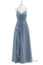Dusty Blue Chiffon Halter Backless Ruffled Long Bridesmaid Dresses