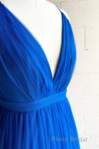 A-line V-Neck Pleated Tulle Long Bridesmaid Dresses with Slit