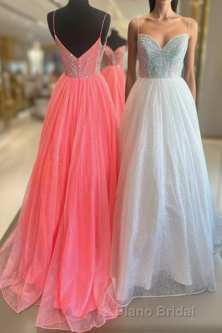 A-line Sparkly Plunging V-Neck Spaghetti Straps Sequins Top Long Formal Prom Dresses Main image