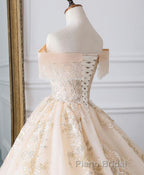 Champagne Off Shoulder Tulle Lace Long Wedding Dresses, Wedding Gown