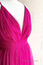 A-line V-Neck Pleated Tulle Long Bridesmaid Dresses with Slit