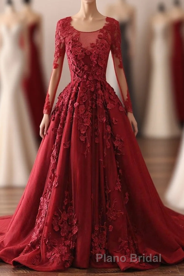 Burgundy Lace Satin Long Formal Prom Dresses, Burgundy Lace Evening Dresses