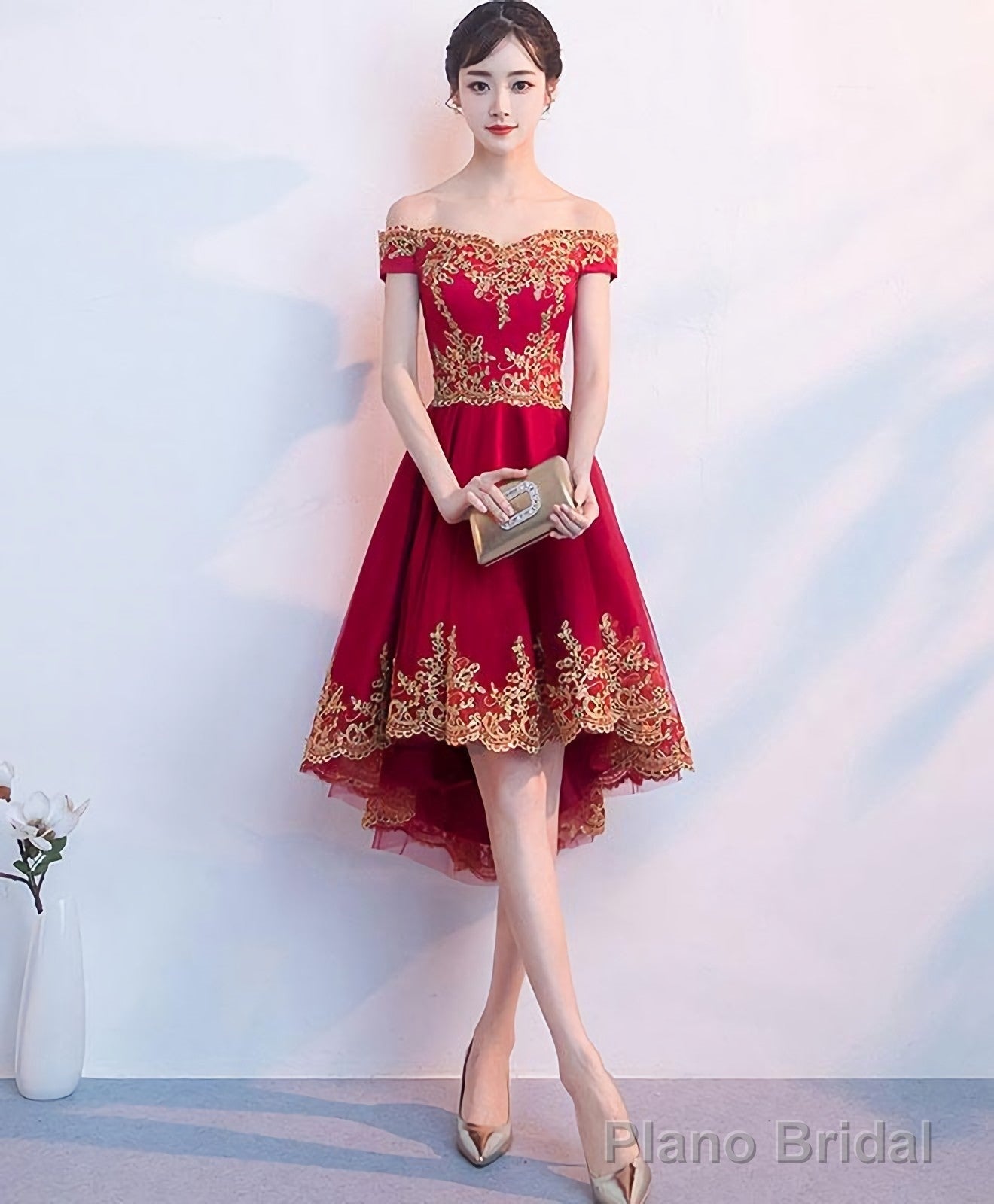 Burgundy Tulle Lace Short Prom Dress High Low Bridesmaid Dress Secondary image