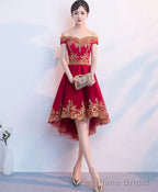 Burgundy Tulle Lace Short Prom Dress High Low Bridesmaid Dress