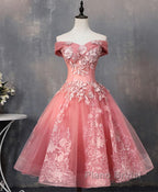 Pink Tulle Lace Off Shoulder Short Formal Prom Dress, Pink Homecoming Dress