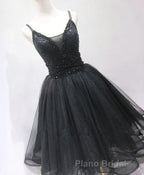 Black Tulle Beads Short Formal Prom Dresses, Black Homecoming Dresses