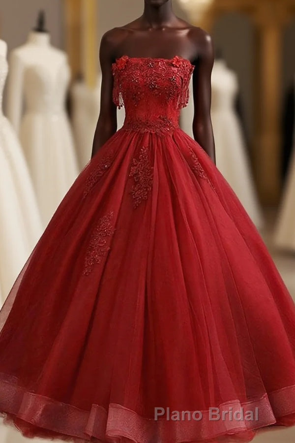 Burgundy Tulle Lace Long Formal Prom Gown Burgundy Tulle Lace Prom Dresses Main image