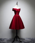 Simple Satin Burgundy Short Formal Prom Dresses, Burgundy Homecoming Dresses