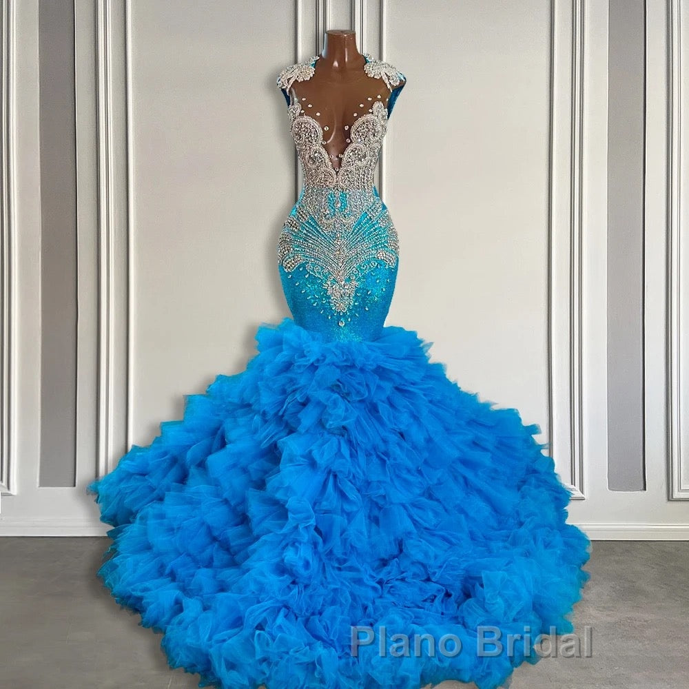 Ocean Blue Mermaid Tulle Ruffle Formal Prom Dress Long With Beadings Secondary image
