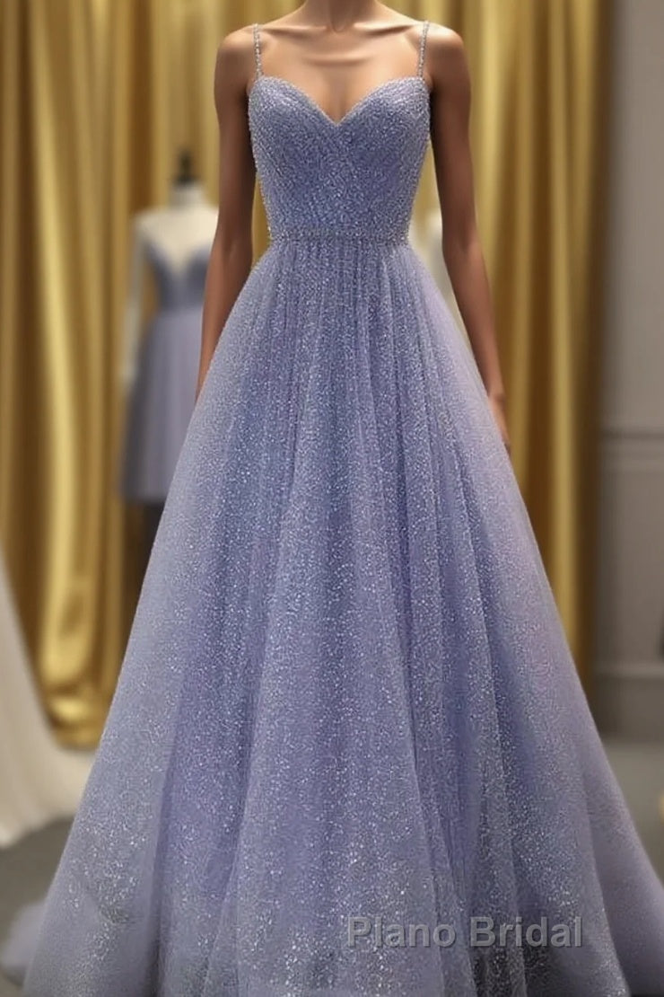 A Line Long Sparkly Spaghetti Straps Formal Prom Dresses Evening Prom Dresses Fashion School Dance Dresses