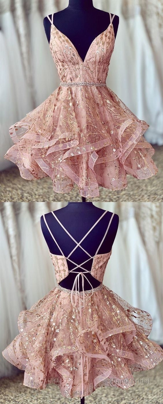pink straps short homecoming dresses prom gown waist with beaded Main image