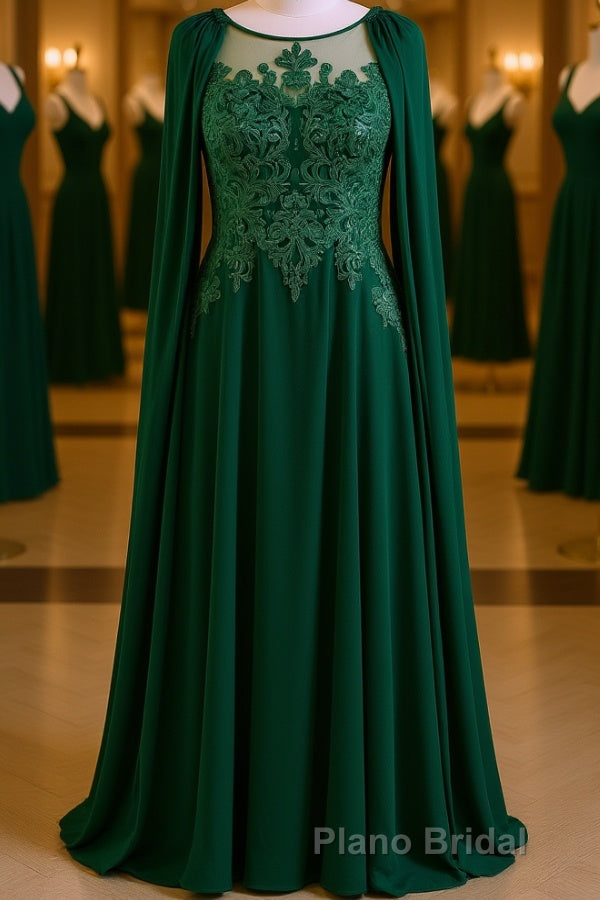 Dark Green A-Line Lace Appliques Chiffon Formal Prom Dresses Main image