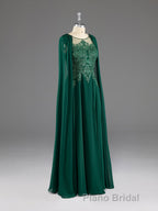 Dark Green A-Line Lace Appliques Chiffon Formal Prom Dresses